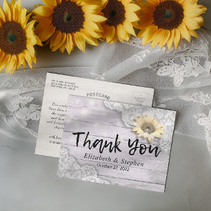 Wedding Thank You Lace Sunflower Rustic Wood Light Postcard