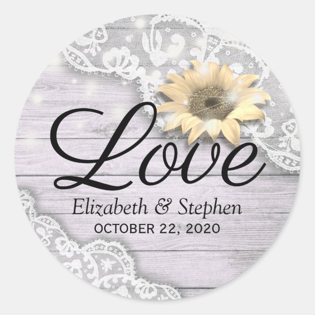 Wedding Thank You Lace Sunflower Wood String Light Classic Round Sticker (Front)