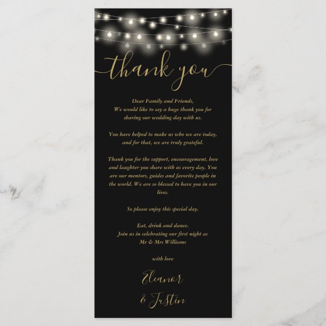 Wedding Thank You Lights Black And Gold Place Card (Front)