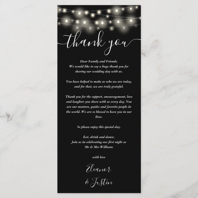 Wedding Thank You Lights Black White Place Card (Front)