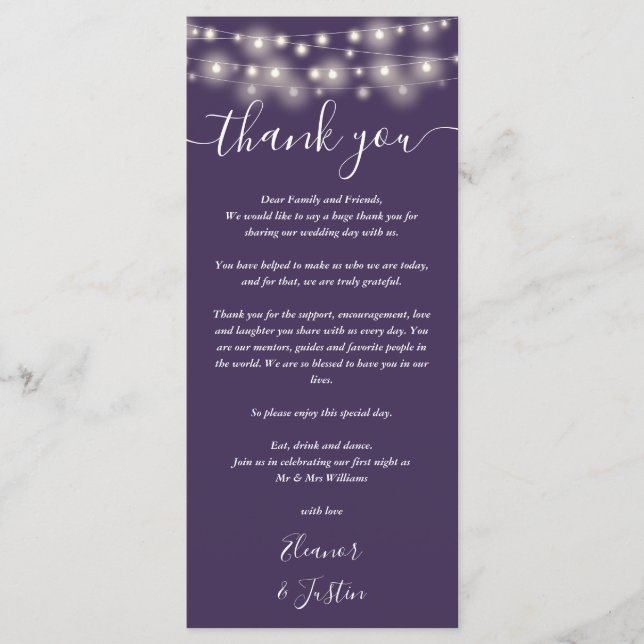 Wedding Thank You Lights Purple Place Card (Front)