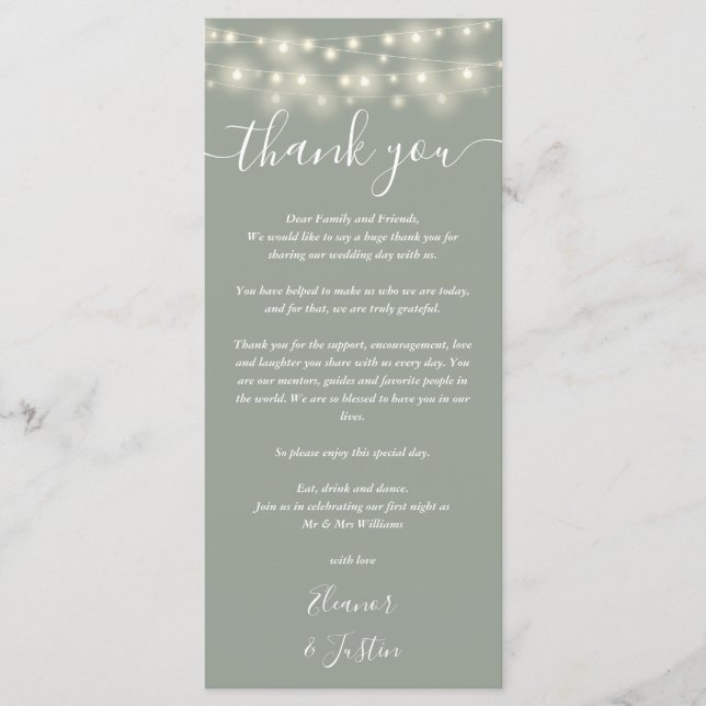 Wedding Thank You Lights Sage Green Place Card (Front)