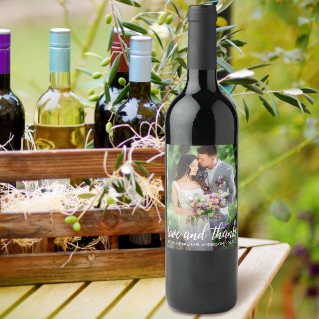 Wedding Thank You Love and Thanks Photo Wine Label (Customize to change your personalized text size or text style.)