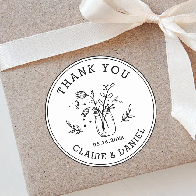 Wedding Thank You Mason Jar Flowers Classic Round Sticker | Zazzle