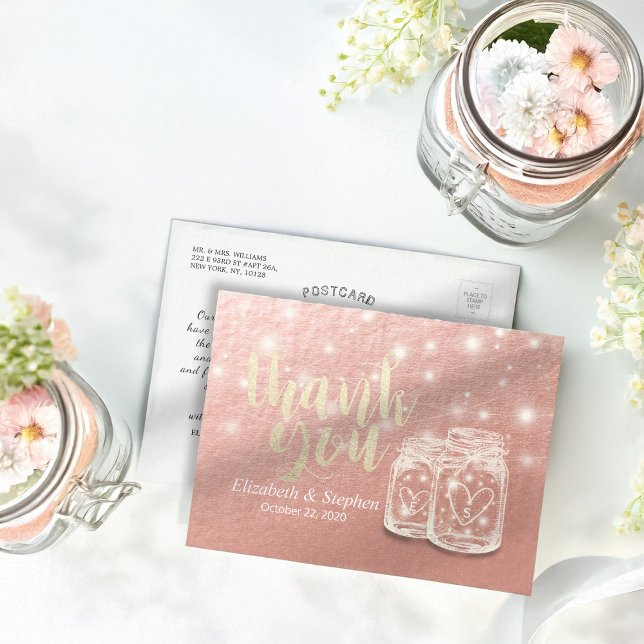 Wedding Thank You Mason Jar String Light Rose Gold Postcard (Creator Uploaded)