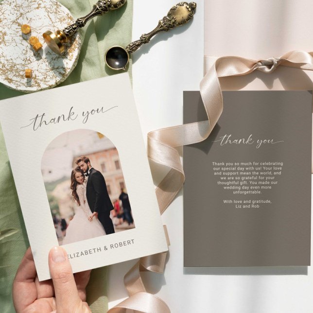 Wedding Thank you Minimal Modern Photo Taupe Card (Creator Uploaded)