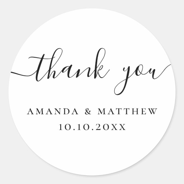 Wedding Thank You | Minimalist Calligraphy Favor Classic Round Sticker (Front)