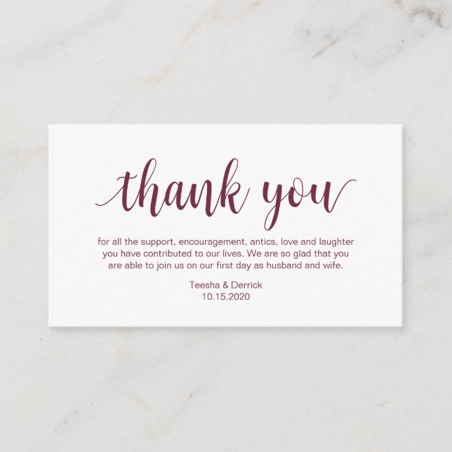 Wedding Thank you, Modern Burgundy Script Enclosure Card (Front)
