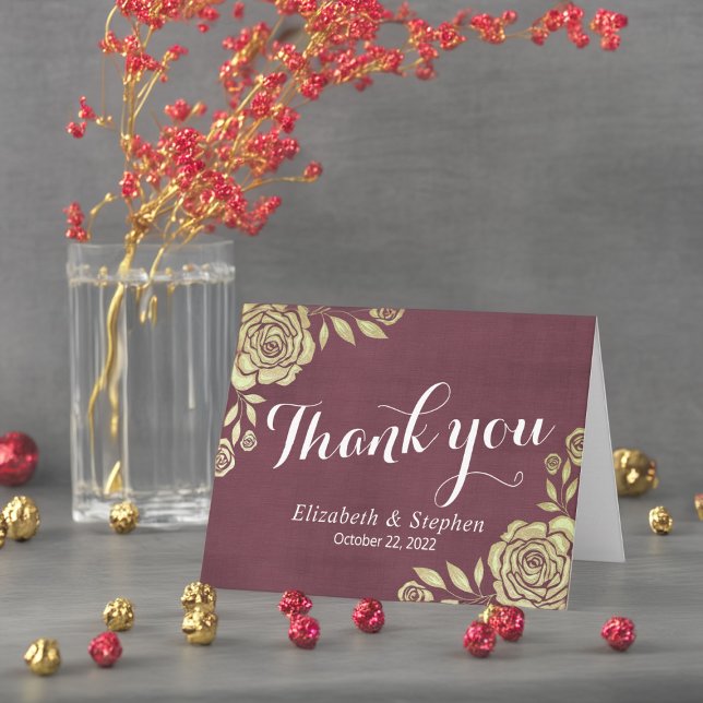 Wedding Thank You Modern Golden Roses Burgundy Red (Creator Uploaded)