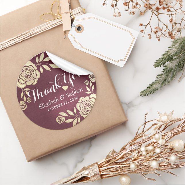 Wedding Thank You Modern Golden Roses Burgundy Red Classic Round Sticker (Creator Uploaded)