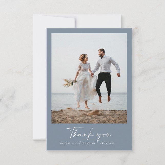 Wedding thank you modern photo minimal dusty blue invitation (Front)