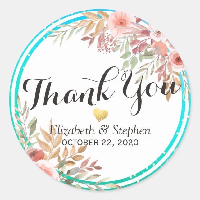 Wedding Thank You Modern Pink Floral Teal Gold Dot Classic Round Sticker (Front)