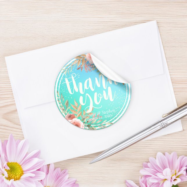 Wedding Thank You Modern Pink Floral Teal Gold Dot Classic Round Sticker (Creator Uploaded)