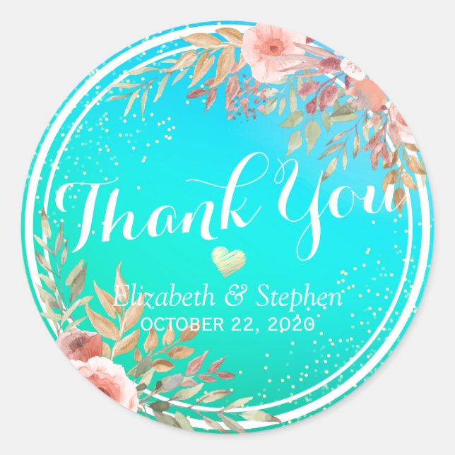Wedding Thank You Modern Pink Floral Teal Gold Dot Classic Round Sticker (Front)