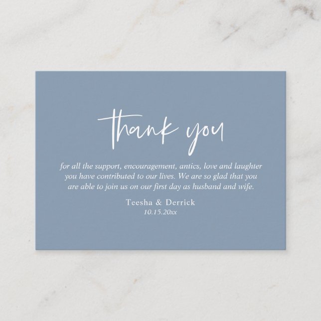 Wedding Thank you, Modern Simple Script Dusty Blue Enclosure Card (Front)