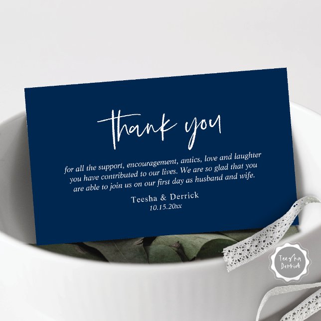 Wedding Thank you, Modern Simple Script Enclosure  Card (Wedding Thank you card, in modern casual script, navy blue design)