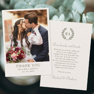 Wedding Thank You Monogram Photo Green Cream Card