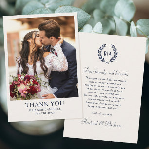 Wedding Thank You Monogram Photo Navy Cream Card
