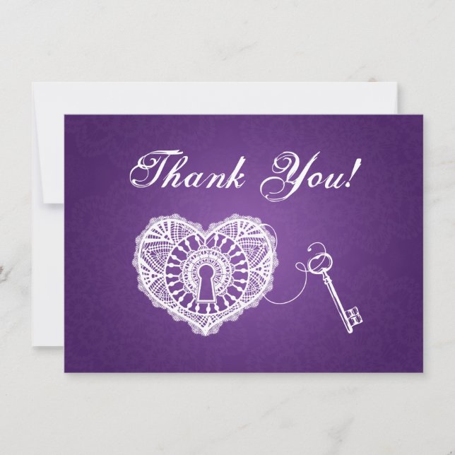 Wedding Thank You Note Key To My Heart Purple Note Card (Front)