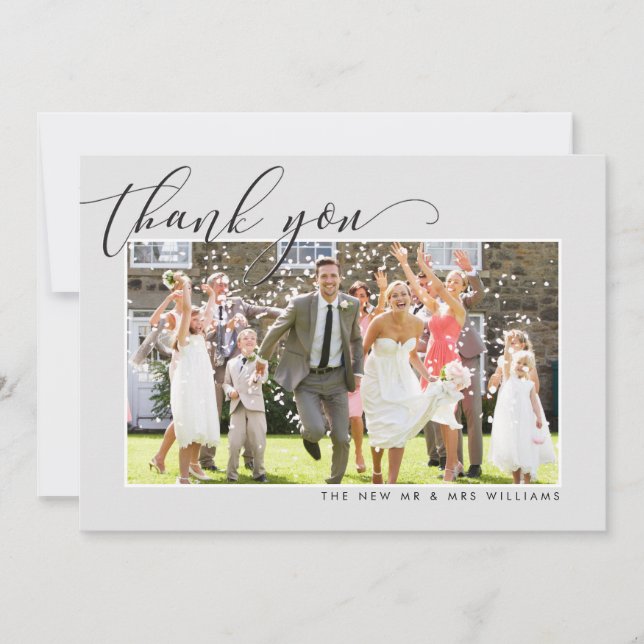 WEDDING THANK YOU photo calligraphy elegant grey Card (Front)