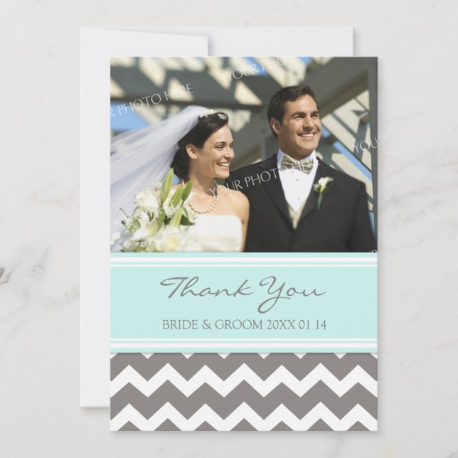 Wedding Thank You Photo Cards Blue Grey Chevron (Front)