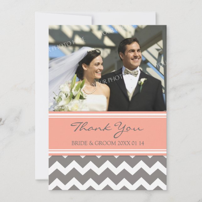 Wedding Thank You Photo Cards Coral Grey Chevron (Front)