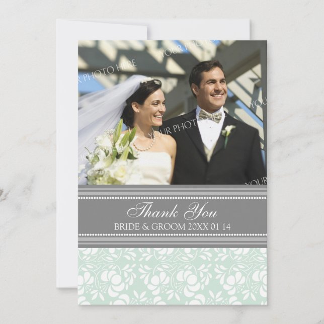 Wedding Thank You Photo Cards Grey Damask (Front)