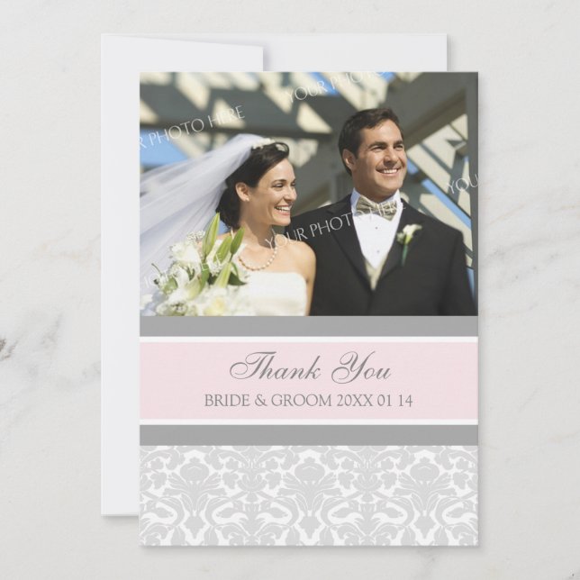 Wedding Thank You Photo Cards Grey Damask (Front)