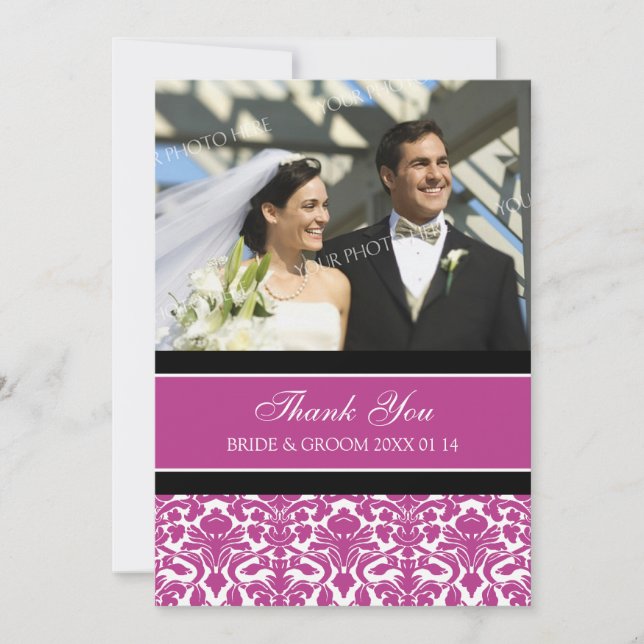 Wedding Thank You Photo Cards Hot Pink Damask (Front)
