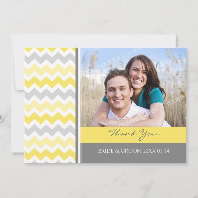 Wedding Thank You Photo Cards Yellow Grey Chevron (Front)