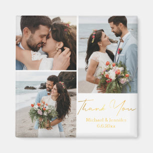 Wedding Thank You Photo Collage Gold Calligraphy Magnet