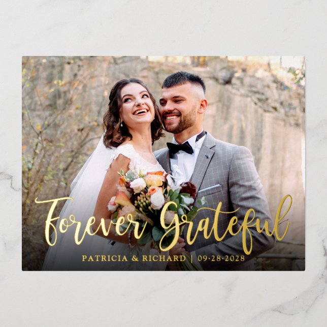 Wedding Thank You Photo Forever Grateful  Foil Holiday Postcard (Front)