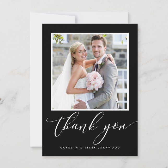 WEDDING THANK YOU photo modern calligraphy black Card (Front)