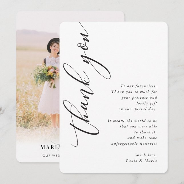 WEDDING THANK YOU photo modern side calligraphy Invitation (Front/Back)