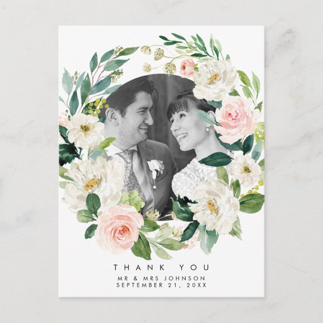 wedding thank you photo postcard pink florals (Front)