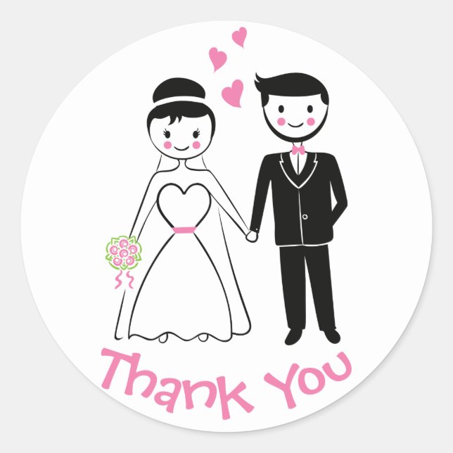 Wedding Thank You Pink Black Bride Groom Cartoon Classic Round Sticker (Front)