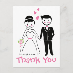 Wedding Thank You Pink Black Cartoon Bride Groom Postcard