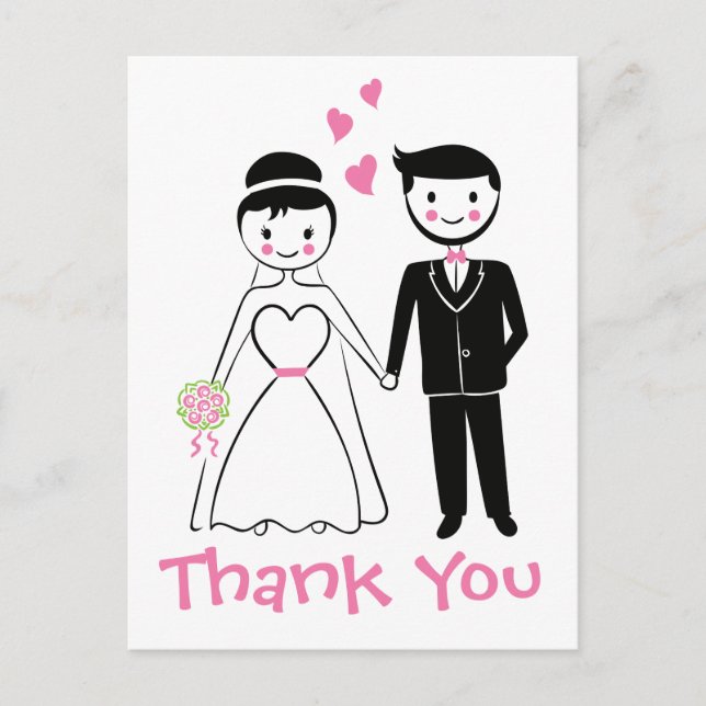 Wedding Thank You Pink Black Cartoon Bride Groom Postcard (Front)