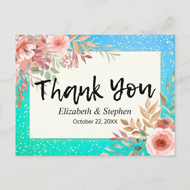 Wedding Thank You Pink Flowers Teal Gold Confetti Postcard (Front)
