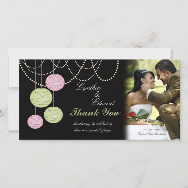 Wedding Thank You Pink Green Lanterns Photo Card (Front)