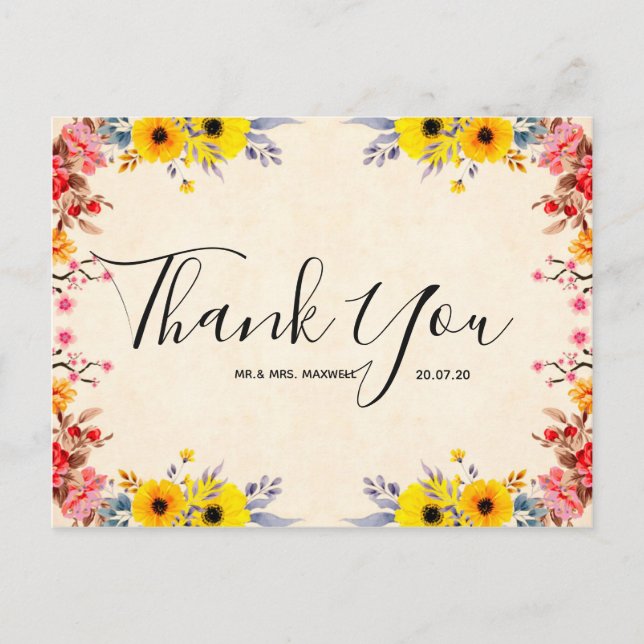 Wedding Thank You Romantic Floral Script Postcard (Front)
