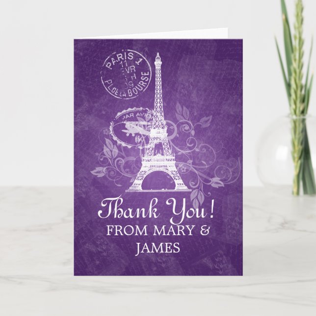 Wedding "Thank you" Romantic Paris Purple Thank You Card (Front)