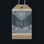 Wedding Thank You Rustic Burlap Lace Chalkboard Gift Tags<br><div class="desc">The text on this rustic burlap, lace, chalkboard and twine bow wedding favour gift tag is fully customisable. This is a great wedding invitation if you are having a rustic, barn, farm, outdoor, cottage, western, or country theme. This personalised wedding favour gift tag is currently customised for a wedding, but...</div>