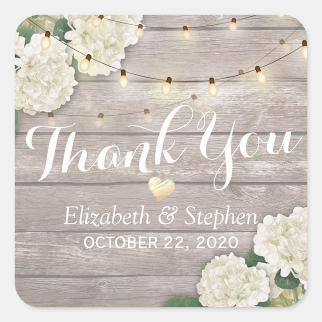 Wedding Thank You Rustic Wood Floral String Lights Square Sticker (Front)