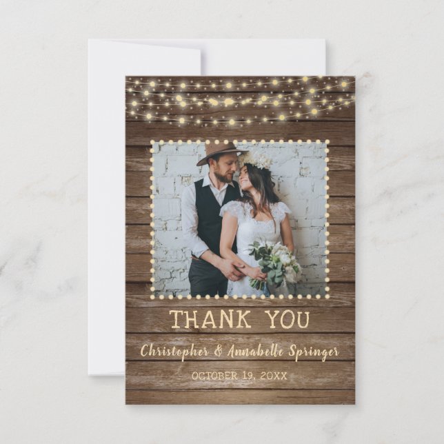 Wedding Thank You Rustic Wood String Lights Card (Front)