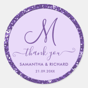 Wedding Thank You Script Monogram Purple Glitter Classic Round Sticker