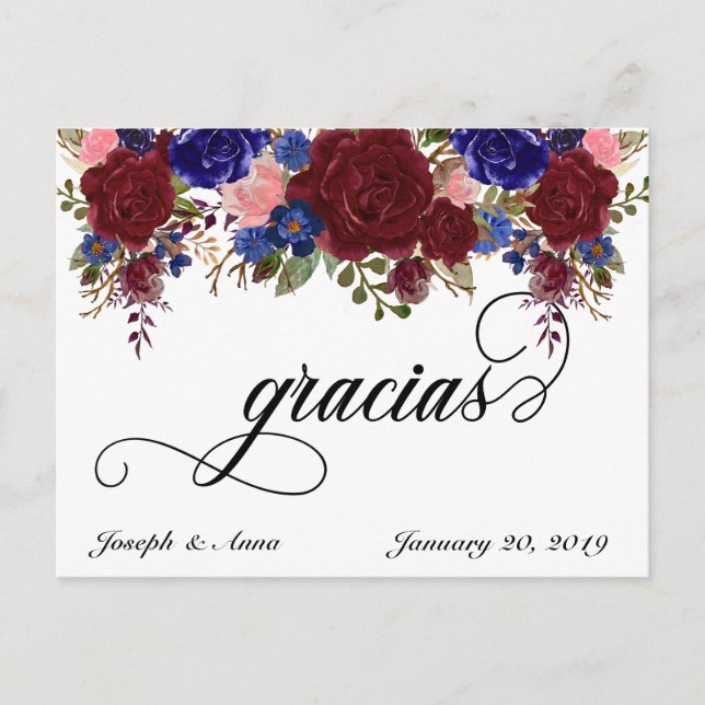 Wedding Thank you Spanish Gracias Navy Burgundy Postcard (Front)