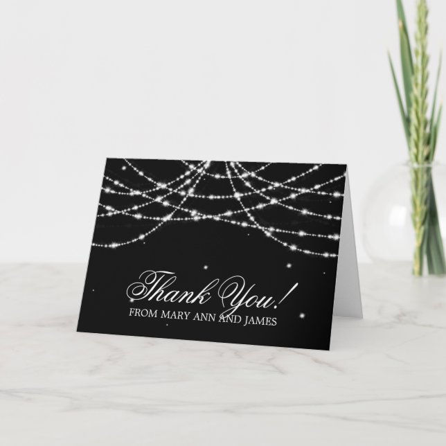 Wedding "Thank you" Sparkling String Black Thank You Card (Front)