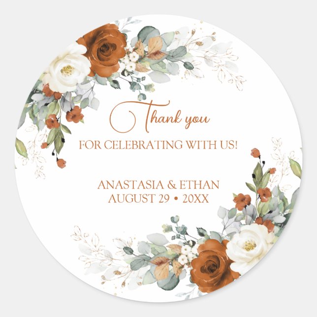 Wedding thank you sticker with burnt orange flower (Front)