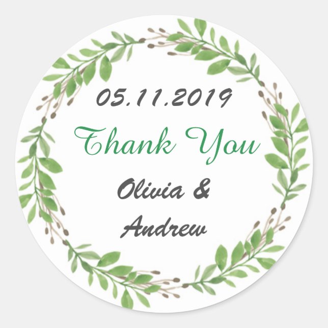 WEDDING THANK YOU STICKERS GREEN VINES (Front)